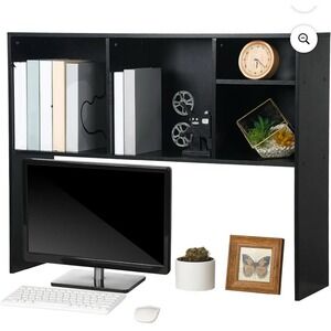 Wood Desktop Bookshelf Hutch, 5 Compartments, 3-Tiers, 37 x‎ 9.5 x 28.7 In Black